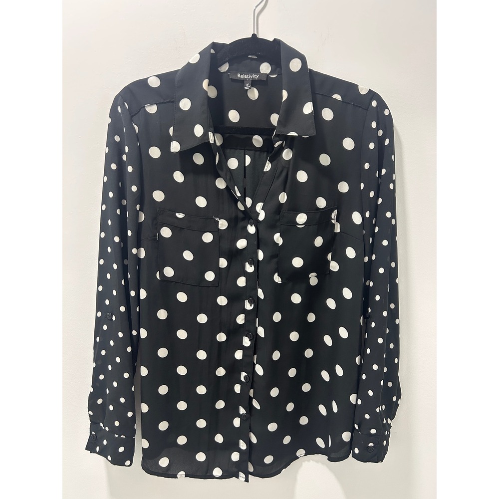 Relativity Womens Black White Polka Dot Button Down Shirt Roll Tab Sleeve Medium